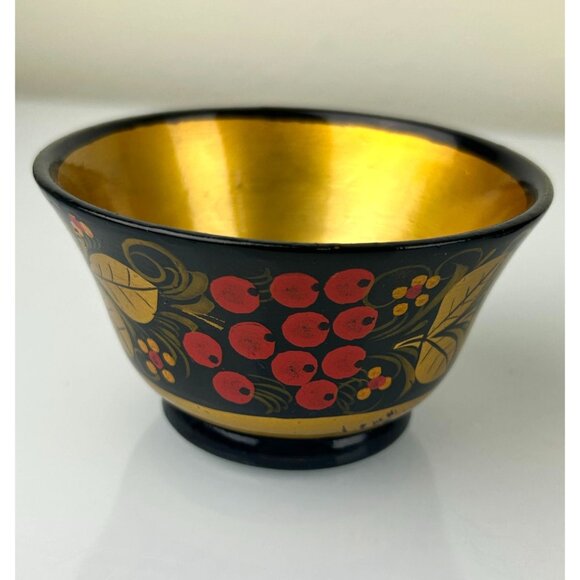 Vintage USSR Russian Wooden Lacquered Small Bowls Set of 2 Red Berries Gold Blck - Picture 5 of 16